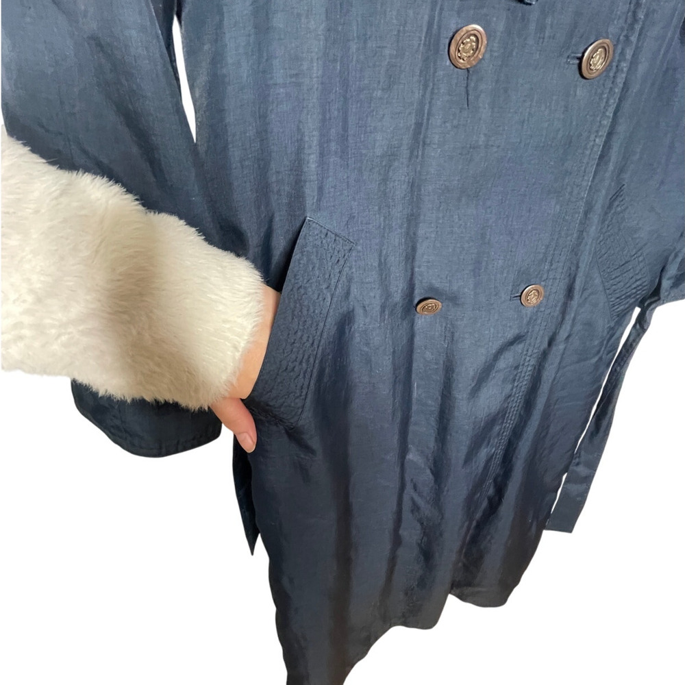 Neiman Marcus 10 Long Trench Coat $399 Belted Rain Jacket Denim Navy Blue - Picture 9 of 16